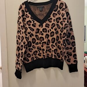 Tahari Black and Brown Leopard Print V-Neck Sweater
